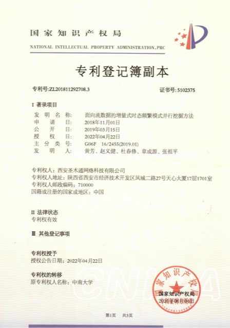 面向流数据的增量式时态频繁模式并行挖掘方法（ZL201811292708.3）